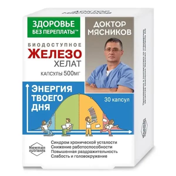 Доктор Мясников Биодоступное железо в хелатной форме, капсулы 500 мг, 30 шт.