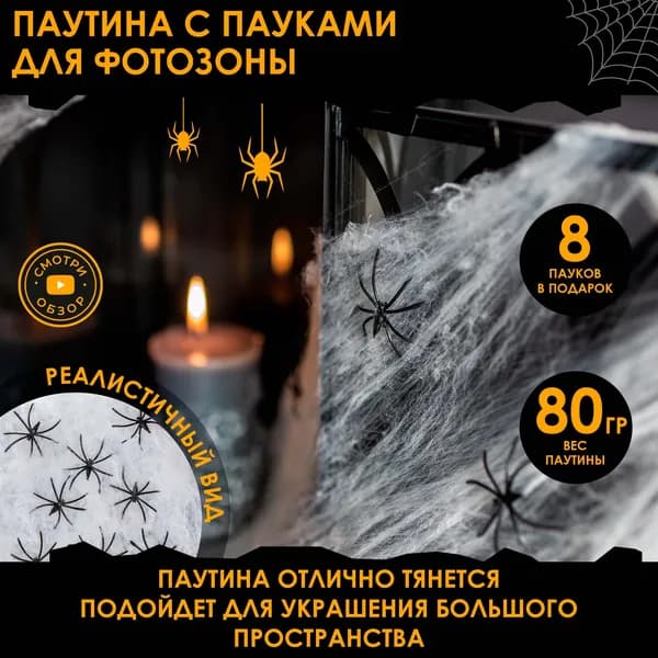 Украшение в комнату паутинка, с пауками 8 шт., набор