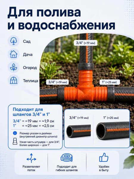Разветвитель для шланга Т-образный 3/4 1 , штуцер пластиковый садовый 19/25 мм, соединитель для полива и водоснабжения
