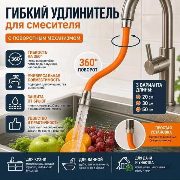 Гибкий удлинитель для смесителя 50 см с поворотным механизмом