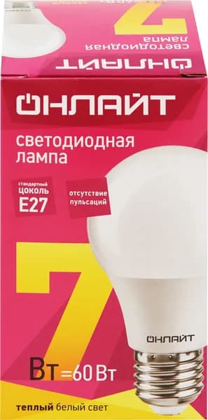 Лампа светодиодная ОНЛАЙТ Груша 7Вт, E27, теплый свет