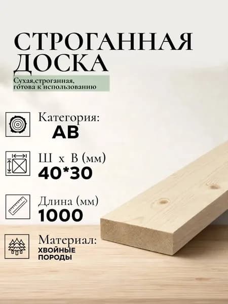 Доска обрезная сухая строганная AB (2 шт) из хвойных пород дерева (ель; сосна). 1000*40*30