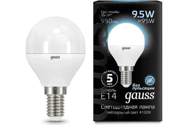 Лампа "шарик", Е14, светодиодная, (LED) 9,5Вт, 4100К, нейтральный свет, Gauss