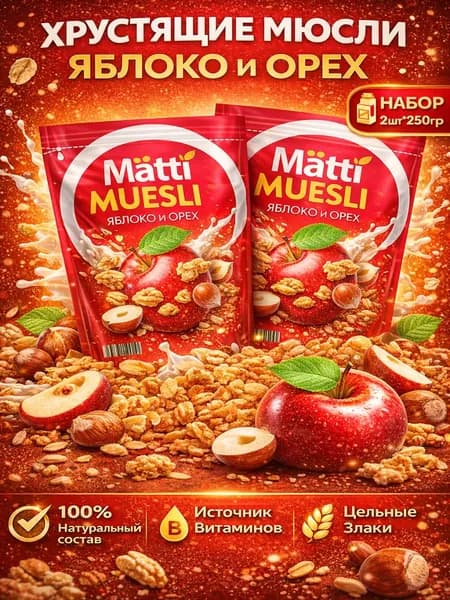 Мюсли запеченные с Яблоком и Орехом Matti 2шт по 250г
