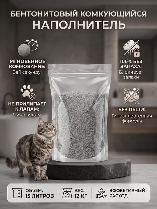 Бентонитовый 15л 12кг комкующийся наполнитель для лотка