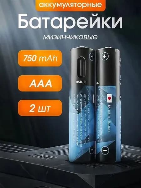 Аккумуляторные батарейки ААА мизинчиковые с зарядкой (заряжаемые) 2 шт