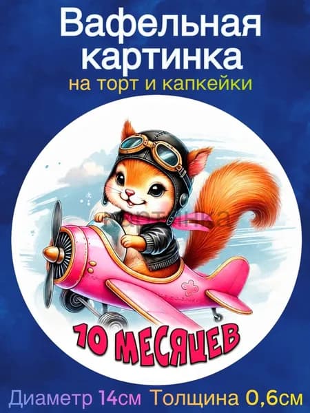Вафельная картинка "Ребёнку 10 месяцев, Первые месяцы ребенку, Самолётик". Сладкая картинка, съедобная печать для декора торта, бенто-торта, украшения пряников и капкейков.