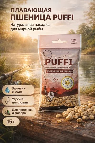 PUFFI (ПАФФИ) воздушная пшеница, Ваниль, 15 г - плавающая насадка для карася карпа, сложное дно, ил, трава