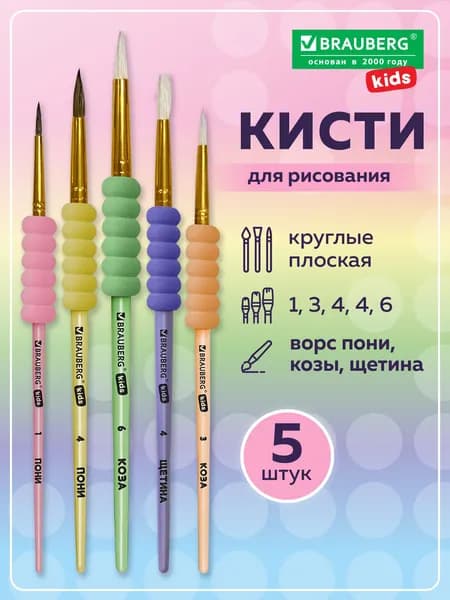 Кисти для рисования в школу набор 5 штук, кисточки круглые и плоские № 1 3 4 6, пони коза щетина, с мягким захватом, Brauberg kids