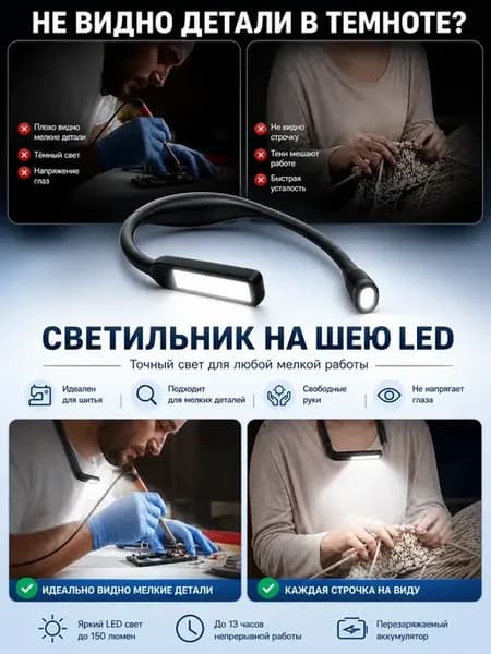 LED светильник на шею для рукоделия и ремонта