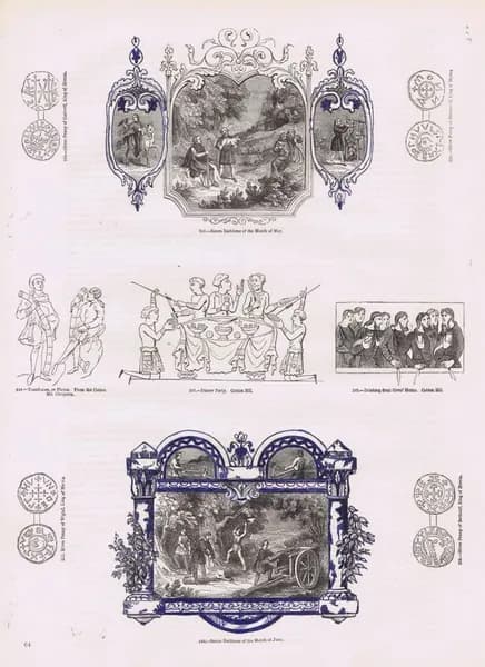 Старая Англия 31. Саксонские эмблемы мая и июня, монеты, званый ужин, питье из коровьих рогов. Антикварная гравюра (ксилография). Англия, 1864 год