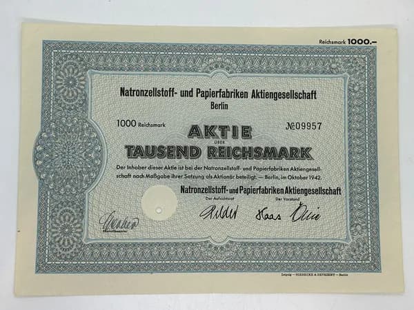 Акция Германия. Производство целлюлозы и бумаги в Берлине, 1000 рейхсмарок 1942 год №29