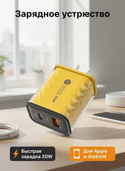 Зарядный блок PD20W с портами USB-A и USB-C, GaN, быстрая зарядка для Huawei и iPhone 15