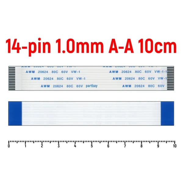 Шлейф FFC 14-pin Шаг 1.0mm Длина 10cm Прямой A-A AWM 20624 80C 60V VW-1