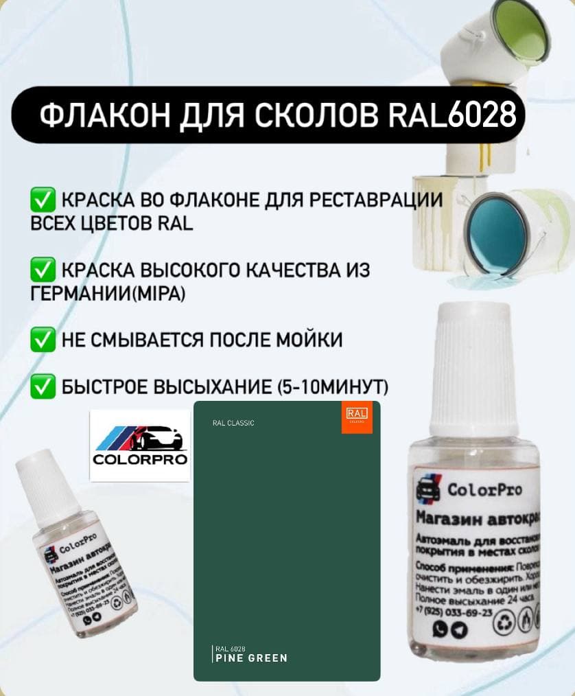 Краска для сколов во флаконе с кисточкой RAL 6028