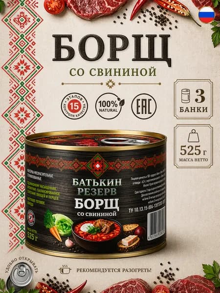 Борщ со свининой Батькин резерв, 525 г х 3 шт