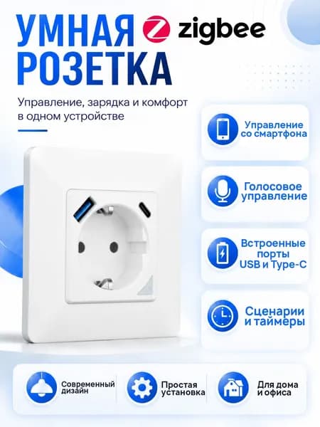 Умная Zigbee розетка с USB и Type-C для умного дома с Алисой, 220В, белая SmartLife SECTEC