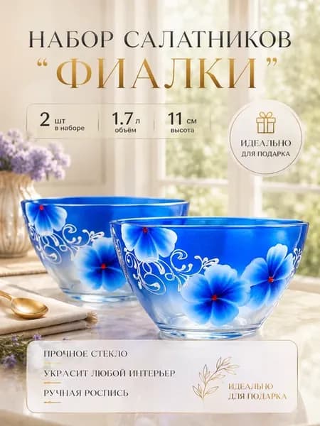 Стеклянный салатник ручная роспись набор 2 шт