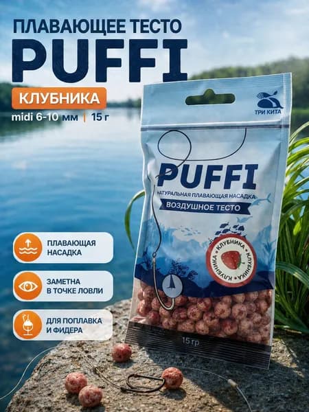 Воздушное тесто для рыбалки PUFFI MIDI, Клубника, 15 г - плавающая насадка 6-10 мм для карася, карпа, леща