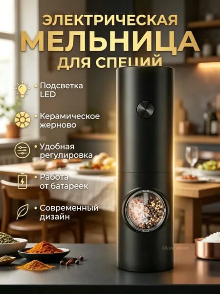 Электромельница для специй, соли, перца, для приправ / перечница / электрическая мельница солонка