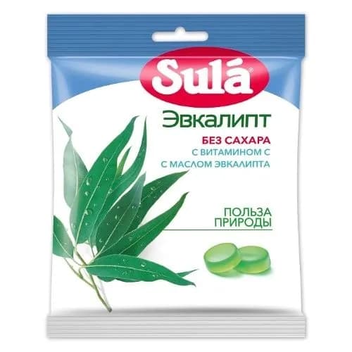 Леденцы без сахара Sula (Зула) Эвкалипт, пакет 60 грамм, карамель леденцовая .