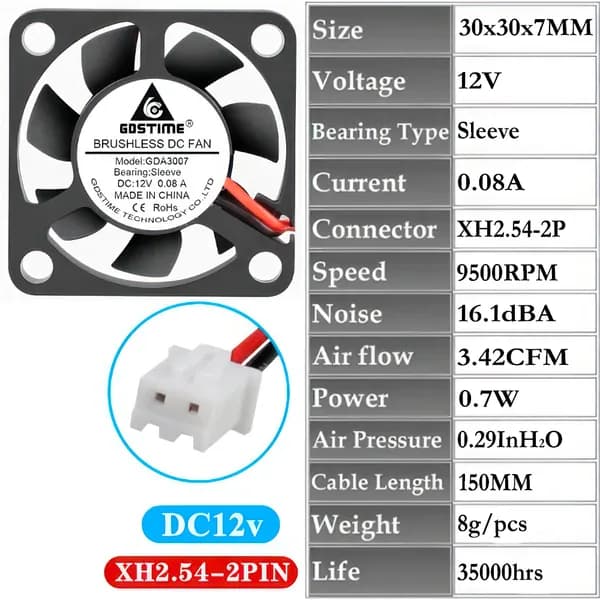 Вентилятор Gdstime DC12V 30x30x7, GDA3007, Sleeve,1 шт., XH2.54