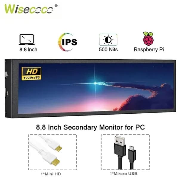 Wisecoco 8.8" Монитор 1920*480 (8.8 ), IPS, 60 Гц, разноцветный