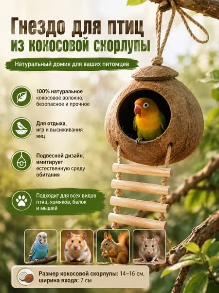 Натуральное гнездо из кокоса, домик для размножения питомцев, большой размер 16 см