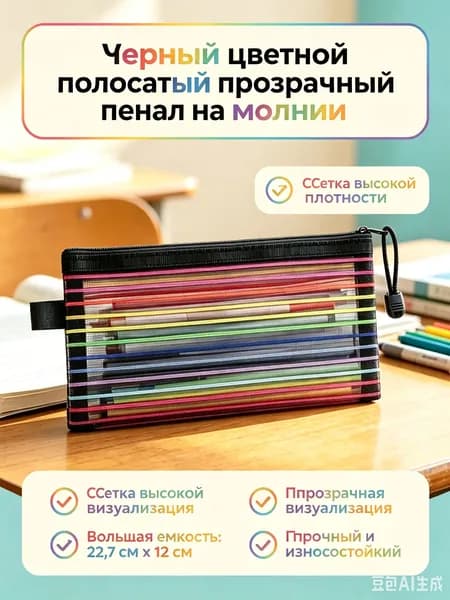 Косметичка-пенал с радужными полосками, текстильный пенал на молнии для школы и офиса,вместительный чехол для канцелярских принадлежностей