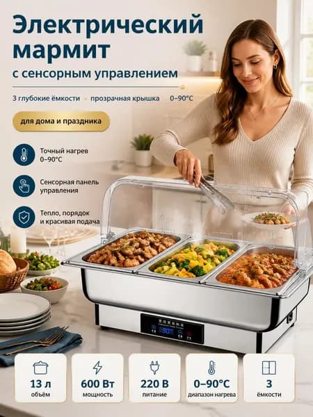 Обеденная плита с электрическим подогревом, нержавеющая сталь, трехслойная термоизоляционная кастрюля объемом 13 л