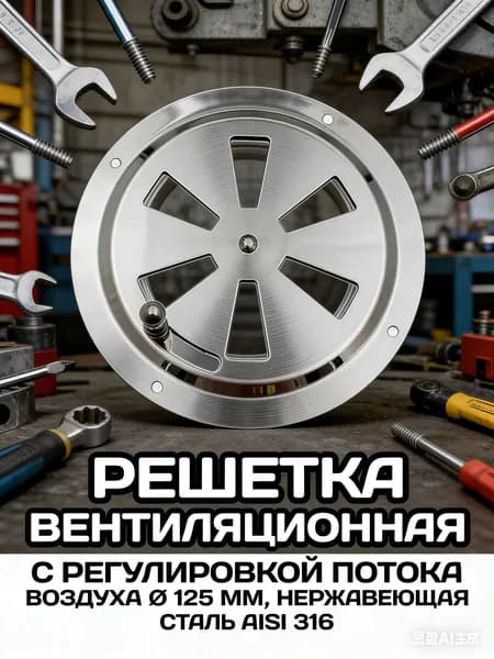 Решетка вентиляционная металлическая, круглая, регулируемая с задвижкой для бани, нержавеющая сталь, 125 мм.