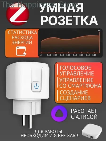 Умная розетка ZigBee с Алисой, контроль расхода энергии, управление смартфоном, 16 А