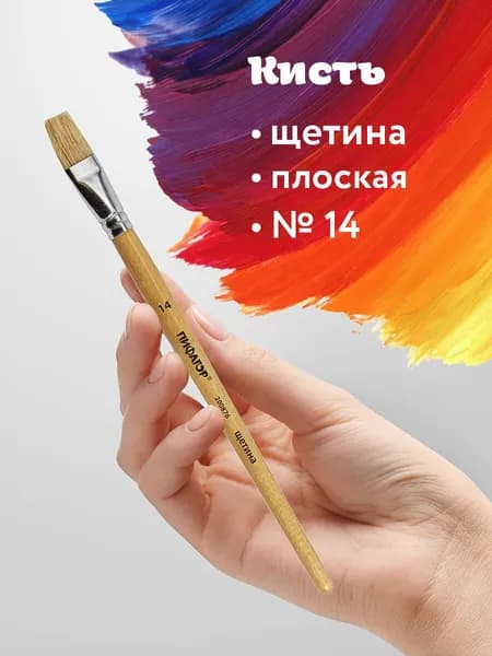 Кисть Пифагор, щетина, плоская, № 14, деревянная лакированная ручка, пакет с подвесом