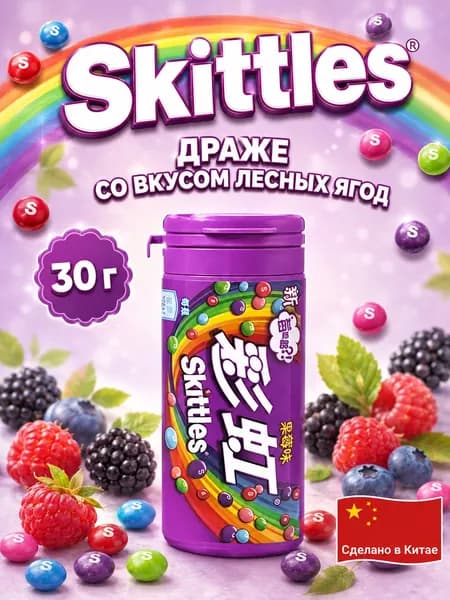 Skittles, Кислые драже со вкусом лесных ягод, 30 г, Berry, Китай
