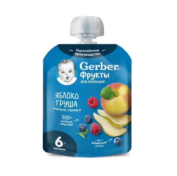 Пюре яблоко, груша, малина, черника, Gerber, 90 г, Испания