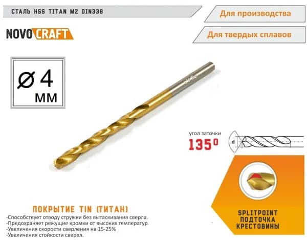 Сверло по металлу 4 мм Novocraft TITAN M2, DIN 338, 1 штука