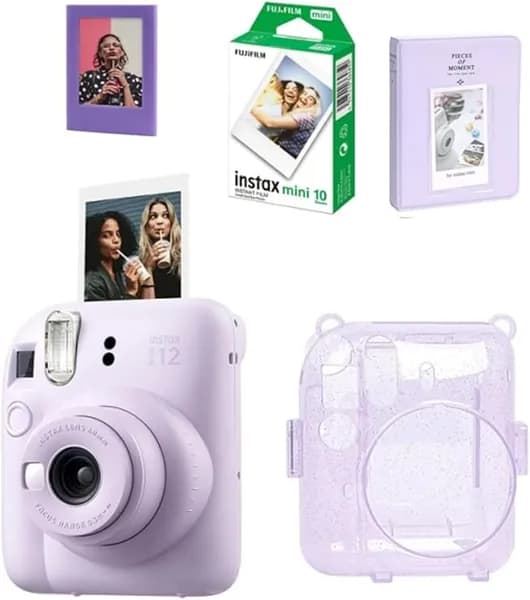 Fujifilm Instax Mini 12 фотоаппарат лиловый Набор из 20 пленок, футляра из блестящего плексигласа, альбома на 64 страницы и рамки с магнитами.