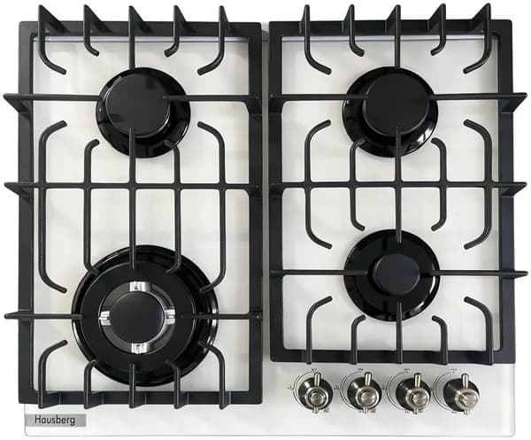 Варочная панель газовая Hausberg 600GL-TURBO, 4 конфорки, WOK, закалённое стекло, электроподжиг, белая