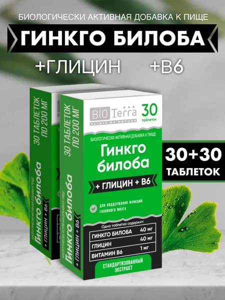 Гинкго билоба + глицин + В6 Биотерра, таб. 200 мг. №30 (2 упаковки)