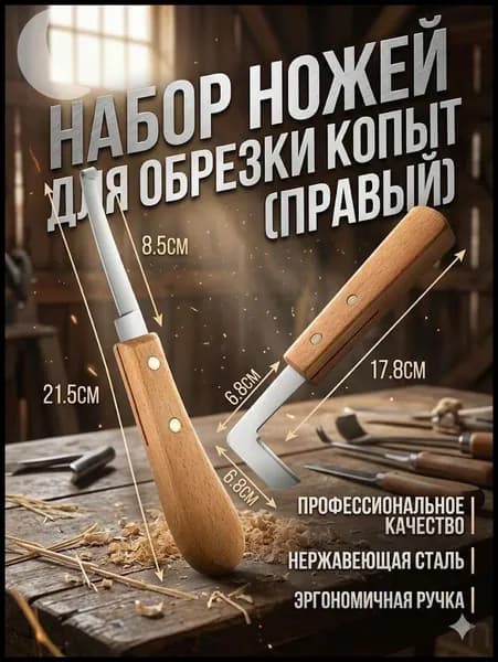 Копытный нож L-образный и прямой (правая рука), профессиональный набор. Инструменты с деревянной ручкой для обрезки копыт лошадей, коров и овец, ветеринарный уход на ферме.