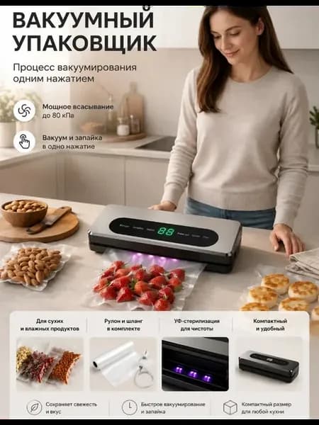 Вакууматор для продуктов с пакетами и резаком