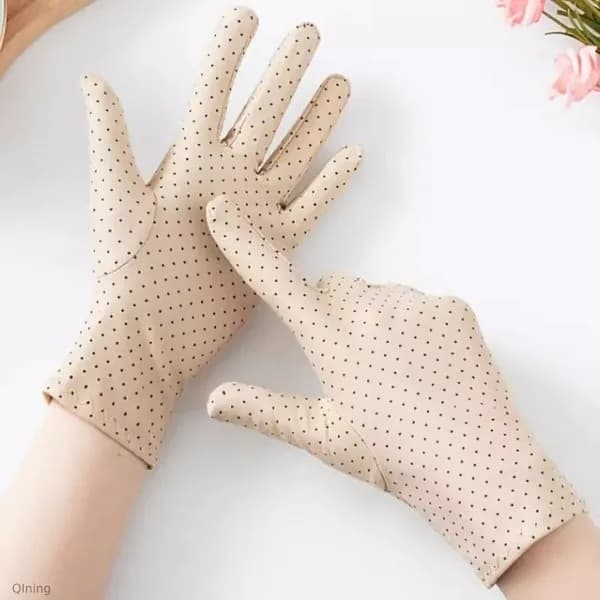 Перчатки женские защитные от солнца PolkaDot-Gloves-001, бежевые в темный горошек