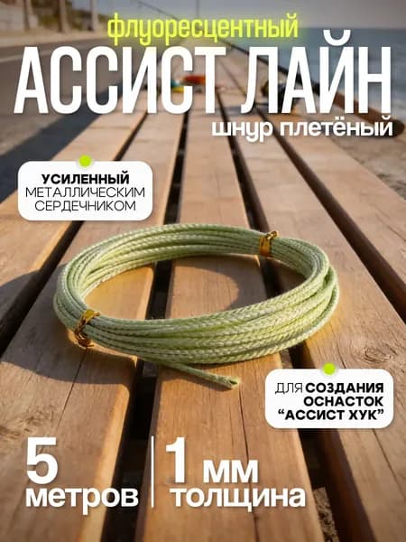 Плетеный светонакопительный усиленный нейлоновый шнур 1 мм длина 5 метров асист лайн зеленый
