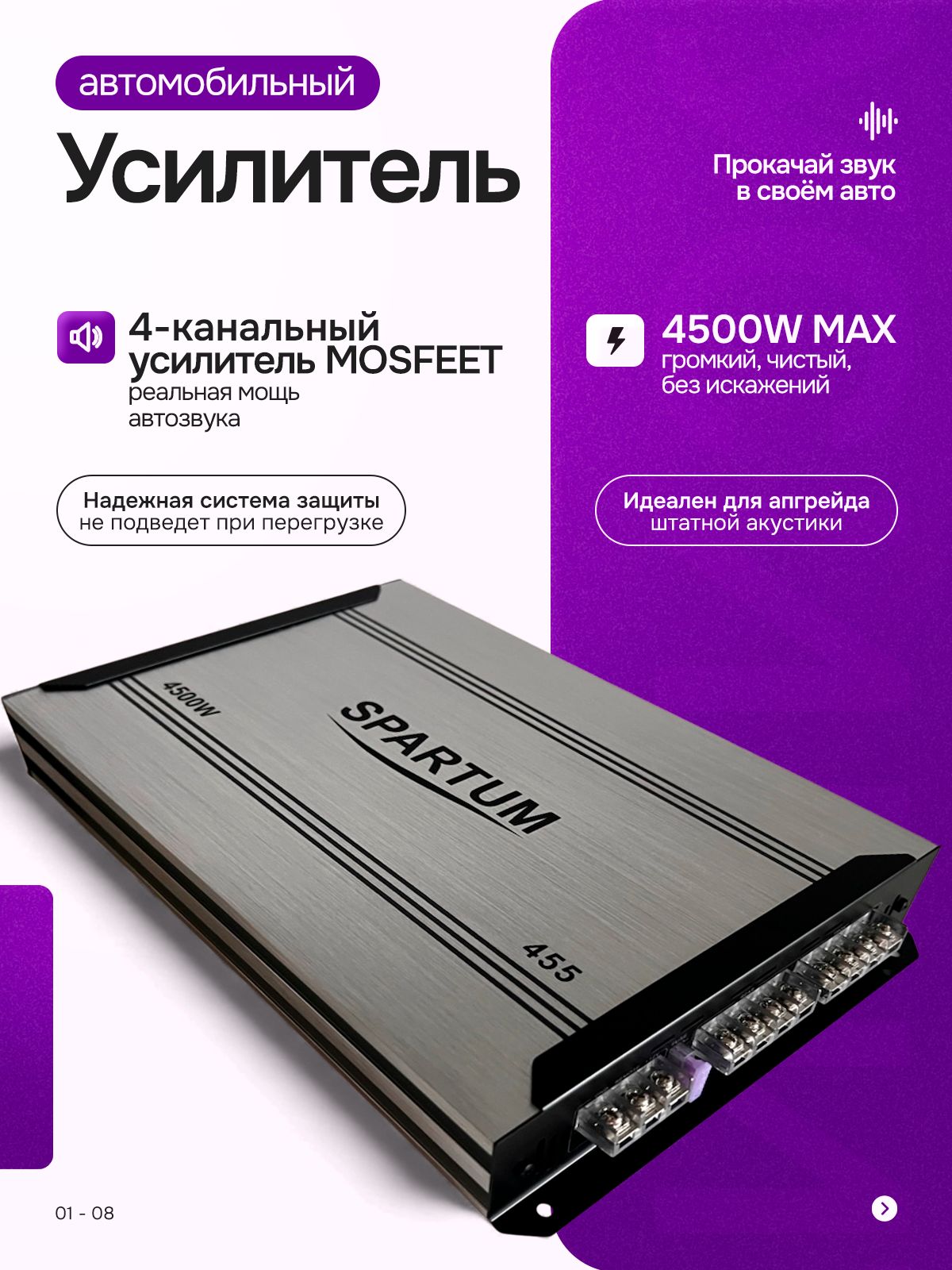 Усилитель 4 канальный автомобильный для сабвуфера и динамиков Уцененный товар