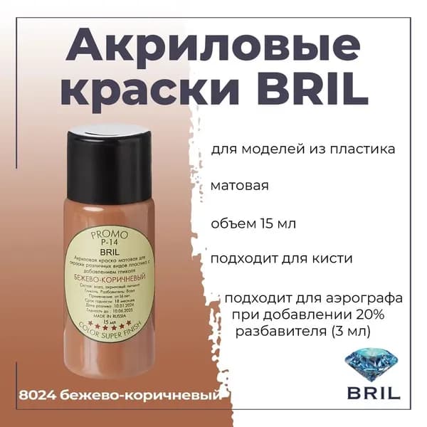 Акриловая краска для моделирования BRIL, для окраски различных видов пластика, под кисть, для аэрографа-разбавлять, баночка 15 мл