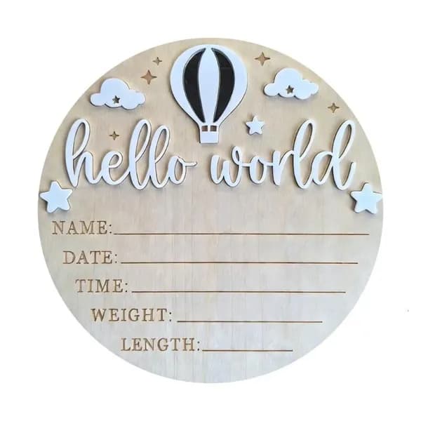 Деревянная памятная табличка Hello world о рождении ребенка -белый с серебром
