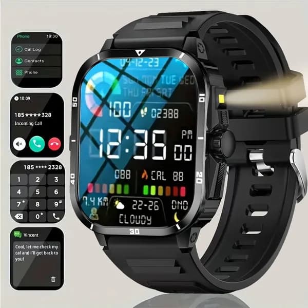SACOSDING Смарт-часы Умные часы мужские 1,83" Bluetooth звонки, вызовы и контакты, уведомления соцсетей, погода, фонарик, калькулятор, музыка, 42mm, black silicon