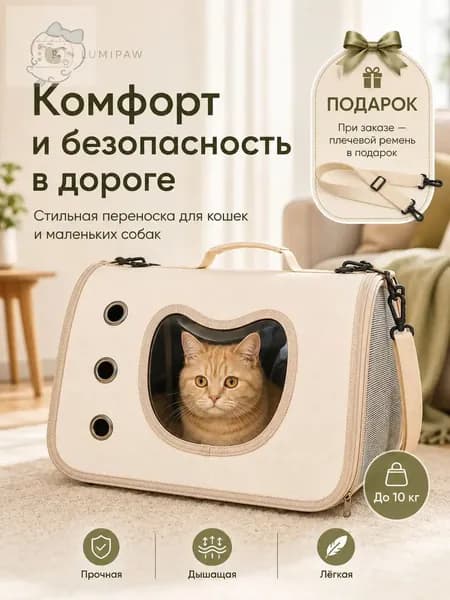 LUMIPAW Сумка-переноска для кошек и собак, дышащая, бежевая, с окошком
