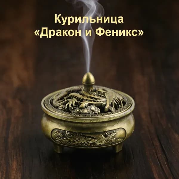 Античная трёхногая курильница из сплава с ажурным узором "Дракон и Феникс"