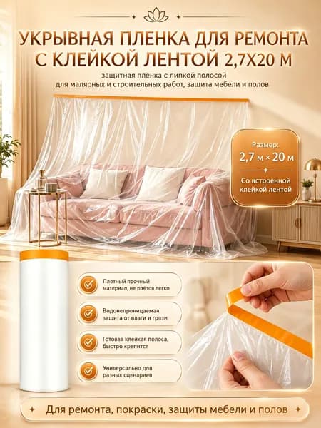 Пленка укрывная для ремонта с клейкой лентой 2.7*20м